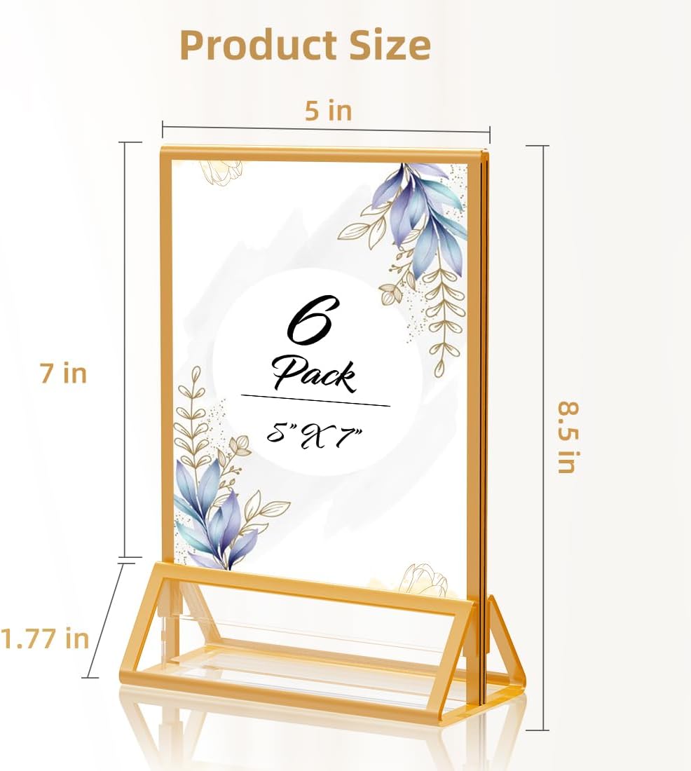 Gold Picture Frame 5X7 Acrylic Sign Holder with Gold Borders Double Sided Acrylic Frames Clear Display Stand, Plastic Sign Holder for Wedding Table Numbers Menu Holder (6 Pack)