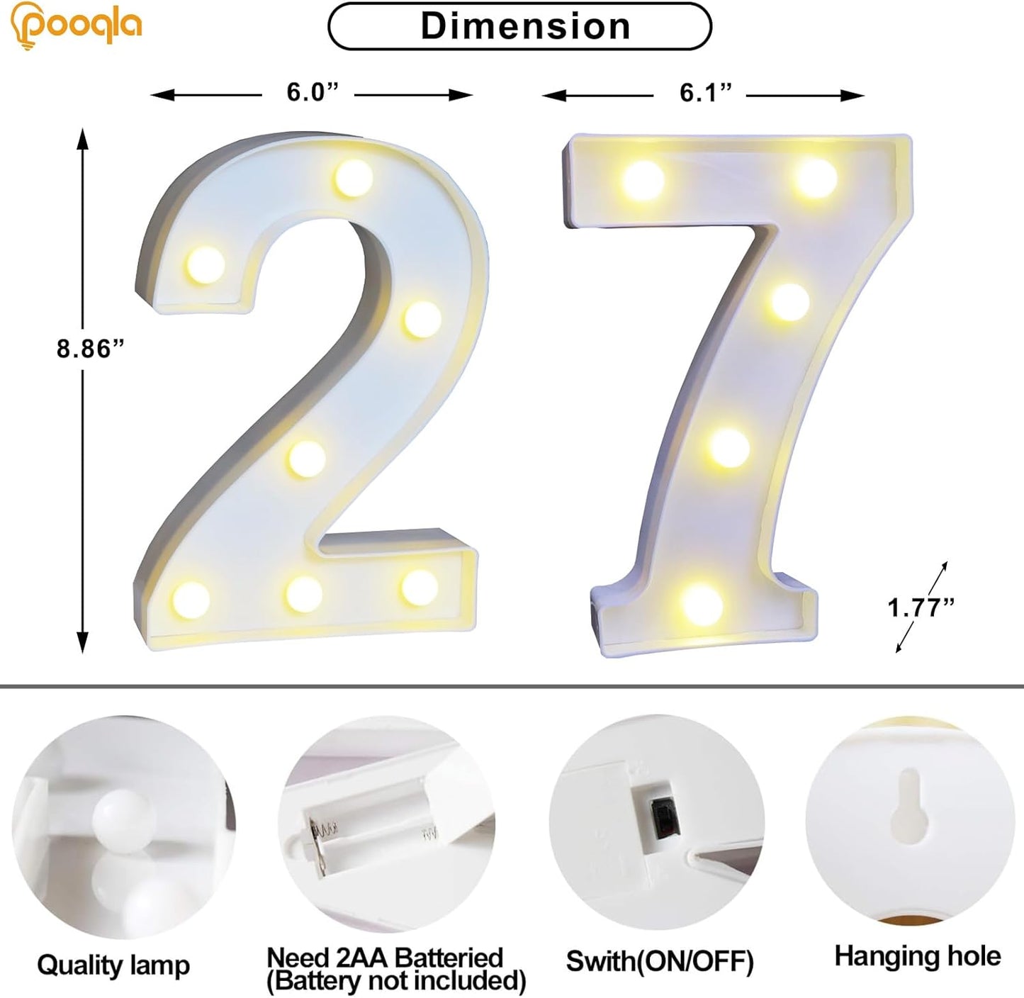 Pooqla Decorative LED Light Up Number Letters, White Plastic Marquee Number Lights Sign for Wedding Decor, Battery Operated (27)