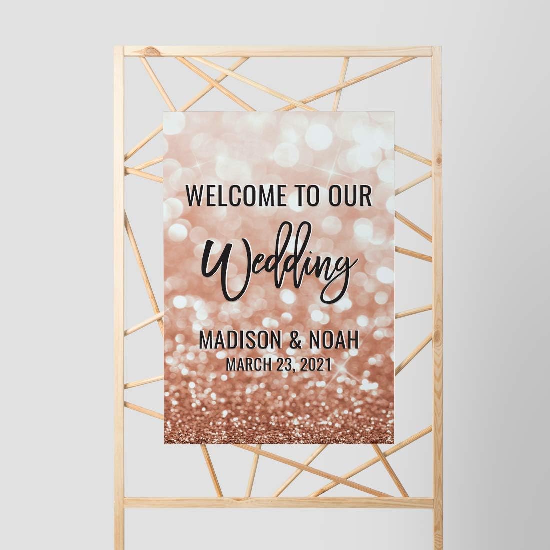Andaz Press Personalized Extra Large Wedding Easel Board Party Sign, 12x18-inch, Glitzy Faux Rose Gold Glitter, Welcome to Our Wedding Bride Groom Name Date, 1-Pack, Custom
