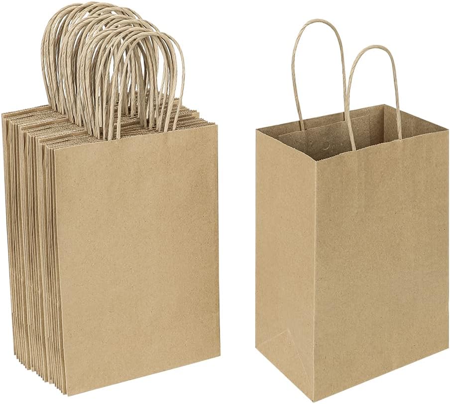 Oikss 50 Pack 5.25x3.25x8.25 Inch Small Brown Gift Bags with Handles Bulk for Birthday Party Favors Grocery Retail Shopping Business Goody Kraft Craft Paper Bags Cub Sacks (Plain Natural 50 Count)