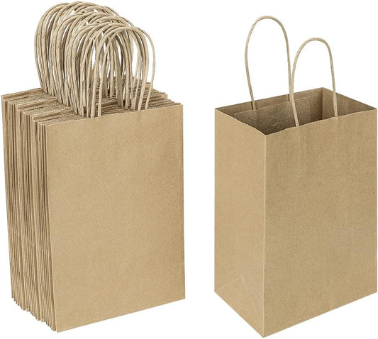 Oikss 50 Pack 5.25x3.25x8.25 Inch Small Brown Gift Bags with Handles Bulk for Birthday Party Favors Grocery Retail Shopping Business Goody Kraft Craft Paper Bags Cub Sacks (Plain Natural 50 Count)