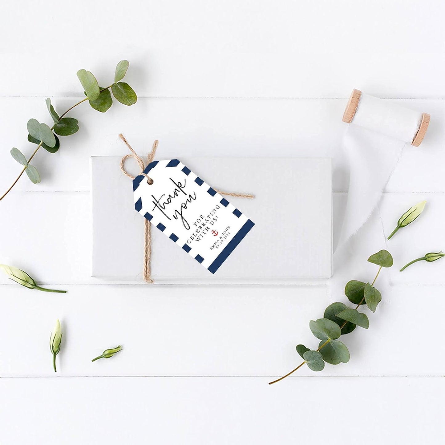 Andaz Press 100-Pack Personalized Thank You Tags with Bakers Twine Nautical Beach Custom Cardstock Wedding Gift Tags for Wedding Party Favors 2 x 3.75-Inches