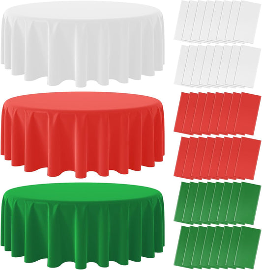 48 Pack Christmas Round Disposable Tablecloth, Red White Green Circle Plastic Tablecloth Bulk, Italy Theme Table Covers for Christmas Family Gathering Dining Banquet Italian Party Decoration,84inch