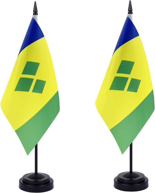 WXTWK 2 Pack Saint Vincent and the Grenadines Flag Saint Vincent and the Grenadines Deluxe Desk Flag Set - Mini Small Saint Vincent and the Grenadines Table Office Flags with Black 12" Solid Pole Stand Base Decorations