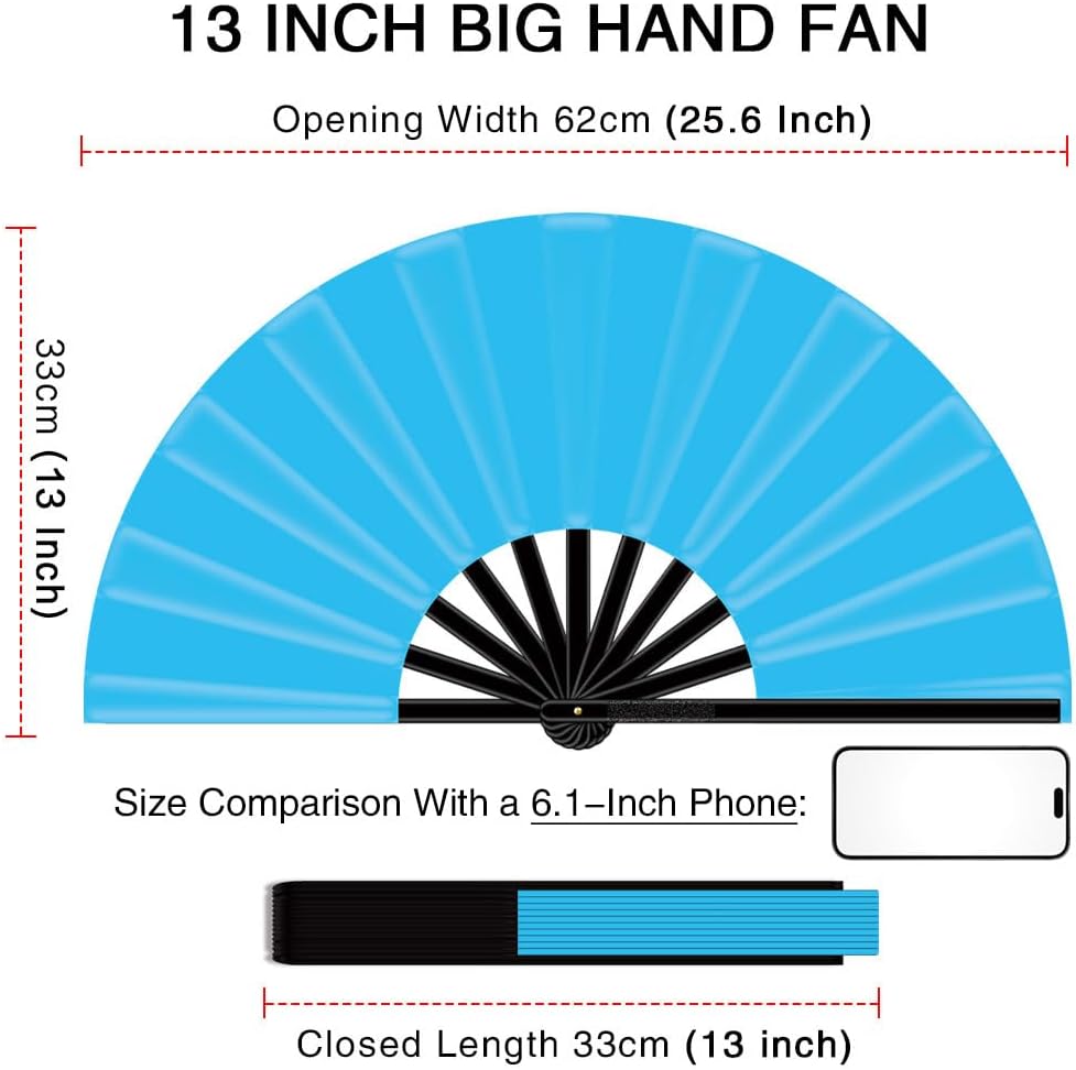 13" Large Folding Rave Fan with Holster, Clack Hand Fans Foldable for Line Dancing, Boots On The Ground Fan for Women Men Festival EDM Party Decoration, Light Blue 2 Pack