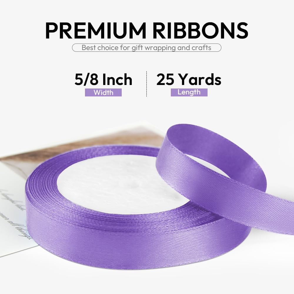 5/8 Inch 25 Yards Satin Ribbon Light Purple, Solid Color Fabric Ribbon for Gift Wrapping, Wedding, Polyester Gift Ribbon for Birthday Party Decoration, Craft, Hair, Floral, Sewing