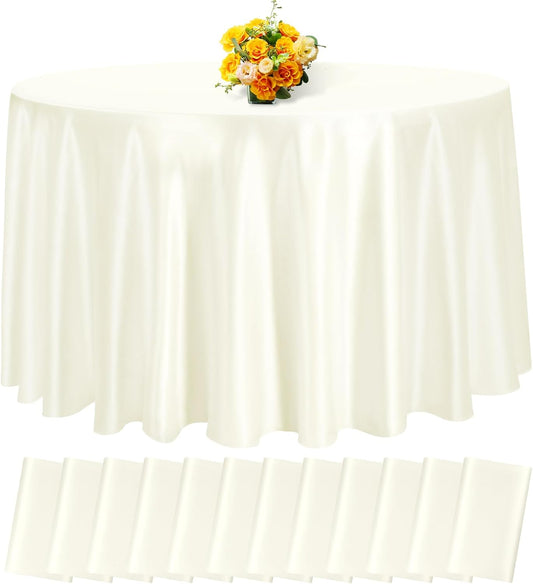 fani 12 Pack 108 Inch Ivory Satin Tablecloth - Premium Bright Silky Round Tablecloth Overlay Smooth Fabric Table Cover, Table Decoration for Wedding Party Banquet Events Restaurant Kitchen Dining