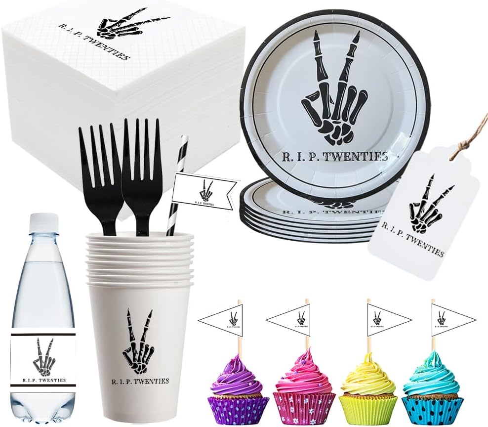 SharkBliss RIP Twenties Party Supplies 480 PCS – Paper Cocktail Napkins Party Cups Water Bottle Labels Toothpick Flags Drinking Straws Gift Tags Forks Plates for Death to My 20s 30th Birthday