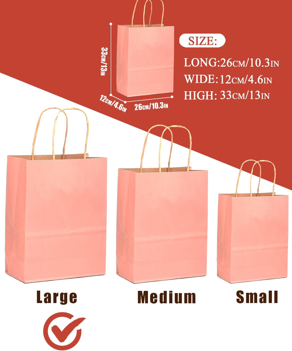 qiqee 100PCS Gift Bag with Handles Bulk Kraft Bright Pink Paper Bags Multiple Uses (13"x10.3"x4.6"- Large Size)
