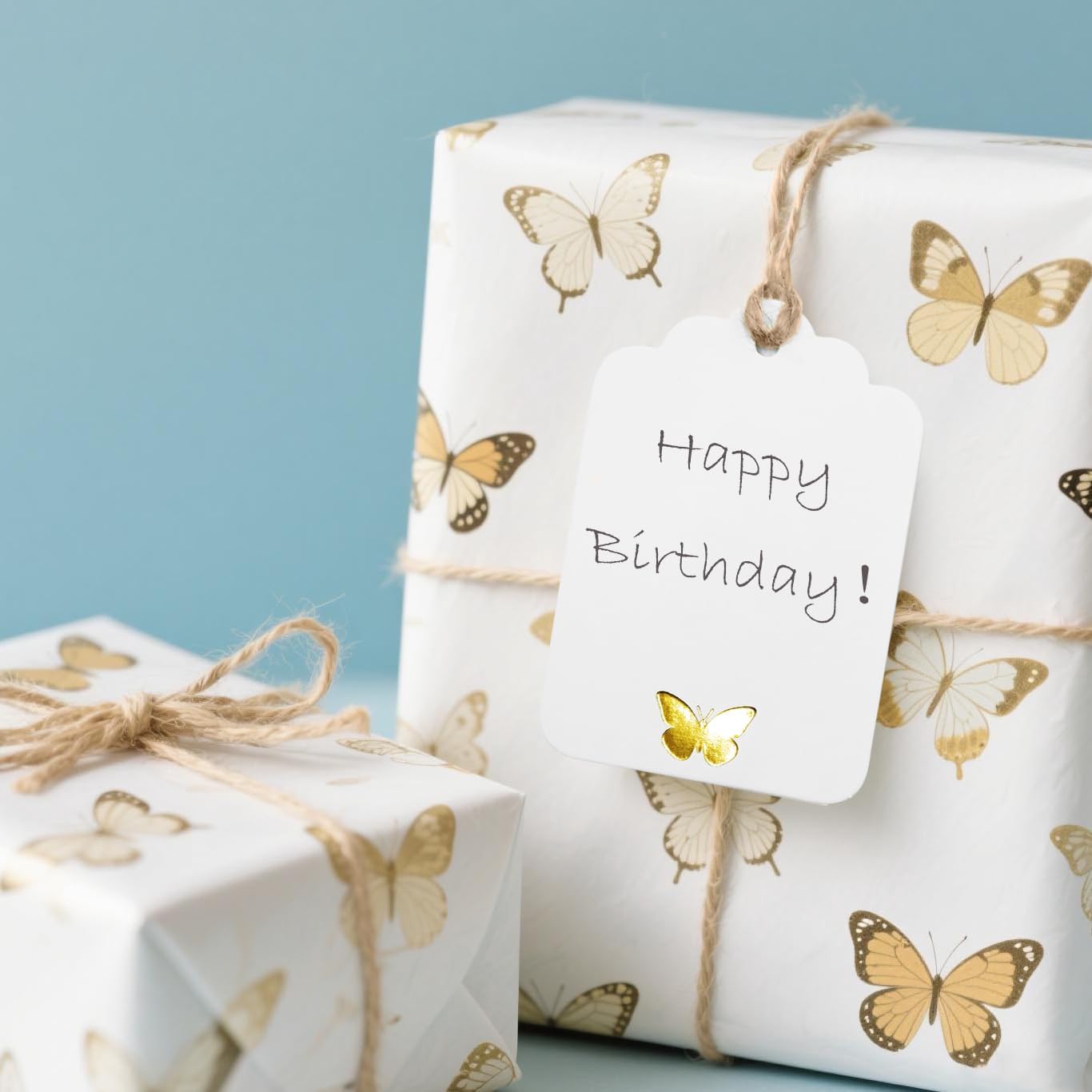 100Pcs Blank Gift Tags with String, Foil Gold Butterfly Large Gift Tags with 65 Ft Jute Twine White Paper Cute Tags for Birthday Baby Shower Wedding Party Gift Wrap Tags