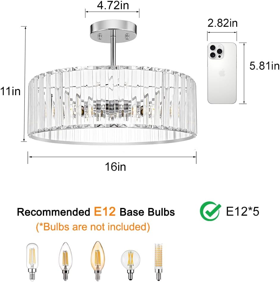 Modern Crystal Ceiling Light Fixture, Semi Flush Mount Ceiling Light, Chrome Hallway Lighting Fixtures Chandelier, Crystal Chandelier for Kitchen Bedroom Dining Room Closet, 5-Light, 16 Inch