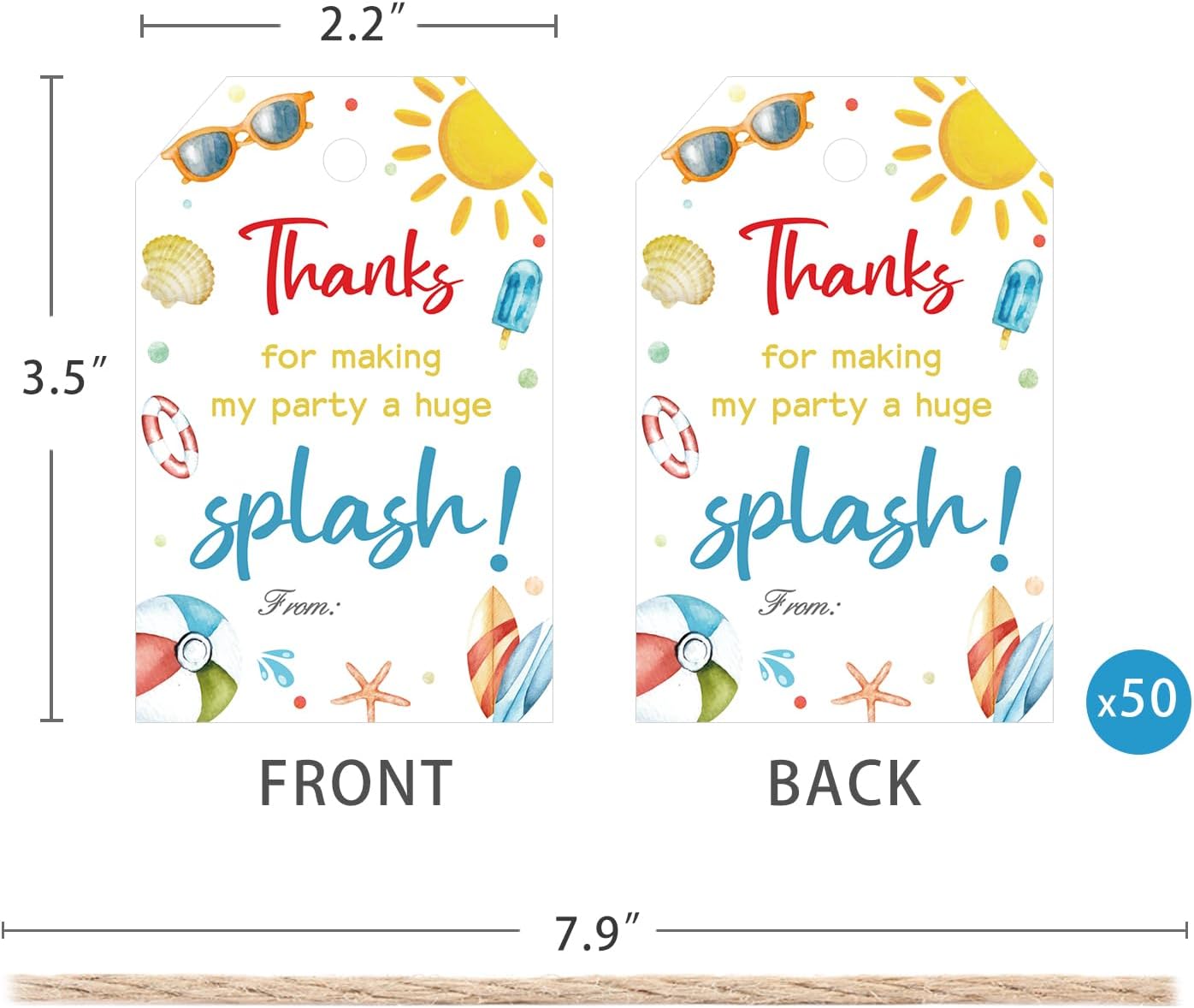 50pcs Summer Beach Thank You Tags for Swimming Themed Party Favors, Summer Gift Label for Hawaiian and Beach Party Decoration (Beach)