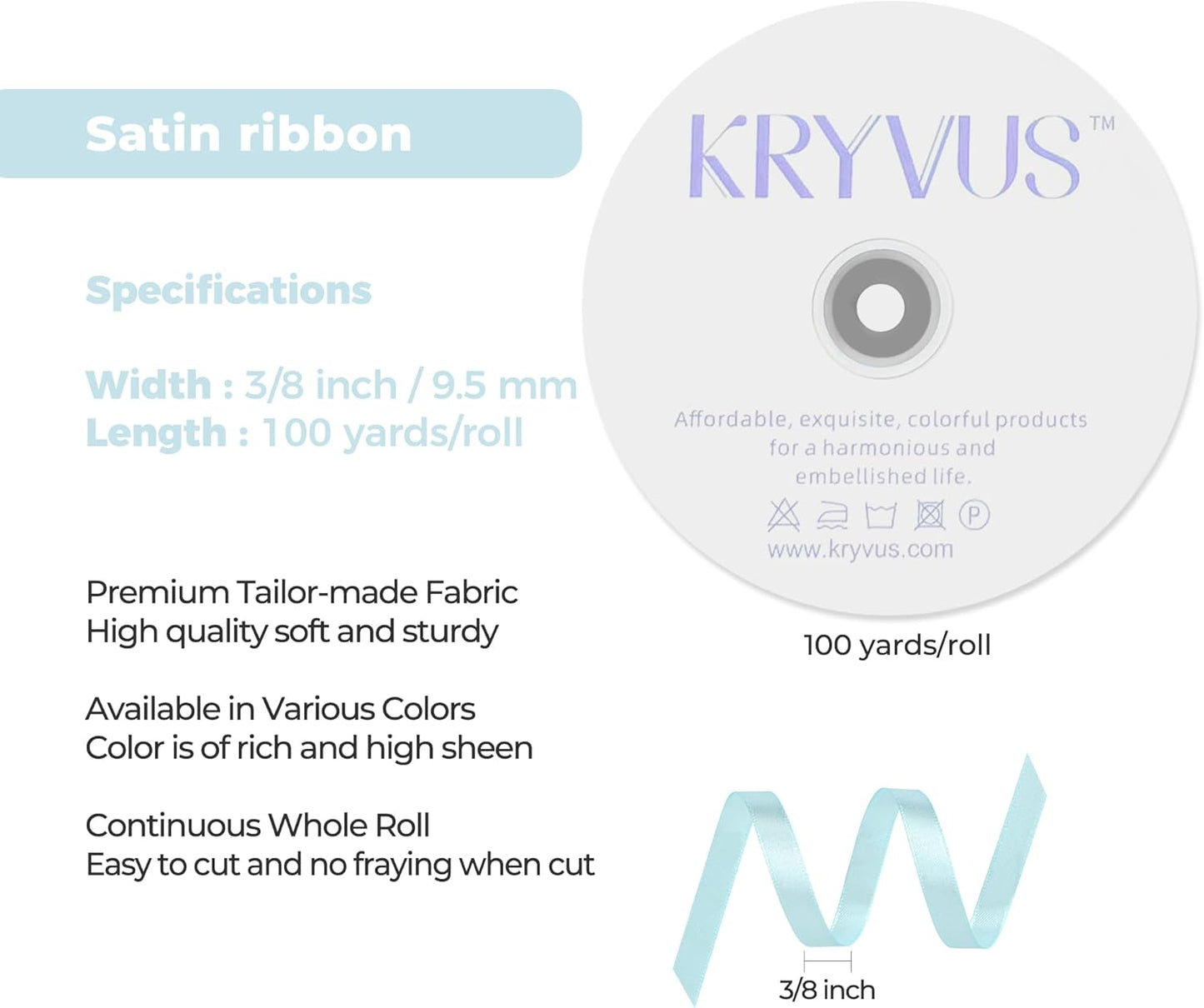 Light Blue Satin Ribbon 3/8 inch X Continuous 100 Yards, Single Face Polyester Ribbon Perfect for Gift Wrapping, Flower Bouquet, Wedding Decor, Crafts, Bow Making, Sewing and More