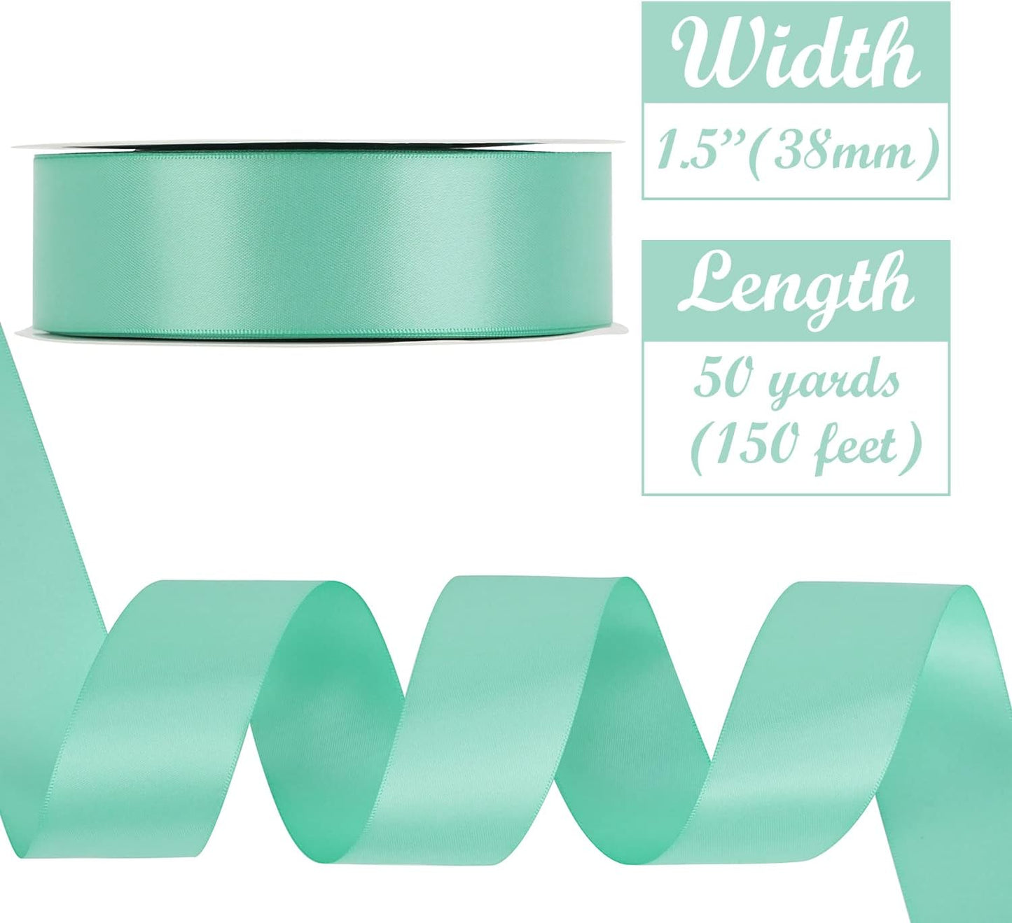 HUIHUANG Aqua Blue Ribbon Satin 1-1/2" Wide Double Face Satin Ribbons Blue Thick Ribbon for Christmas Gift Wrapping Bows Floral Bouquet Cake Box Christmas Tree Decor Party Favor, 50 Yards