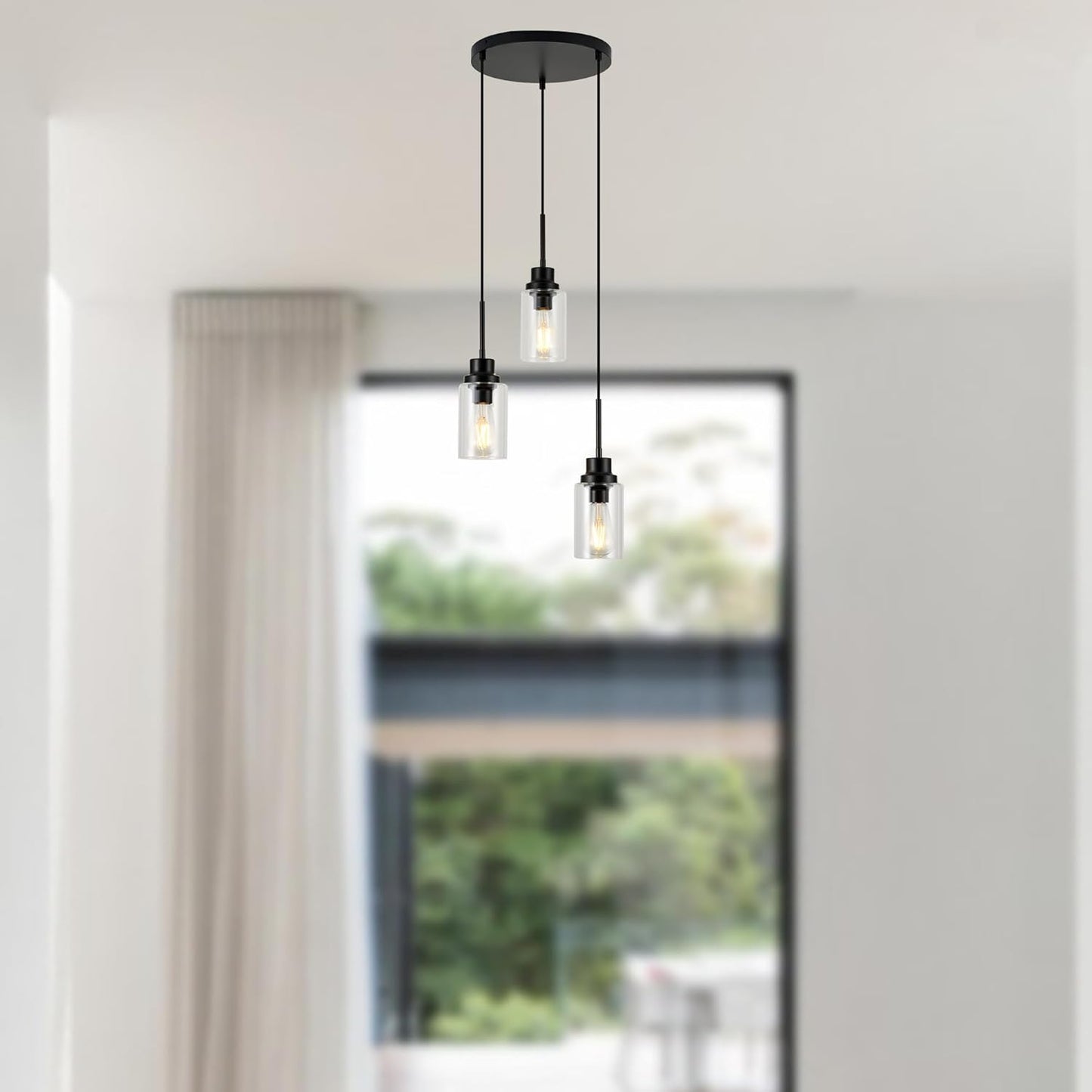 3-Lights Modern Pendant Light Fixtures Black Adjustable Height Ceiling Lights Chandelier with Clear Glass Shades Kitchen Island Lighting Hanging E26 Base for Foyer Dining Room