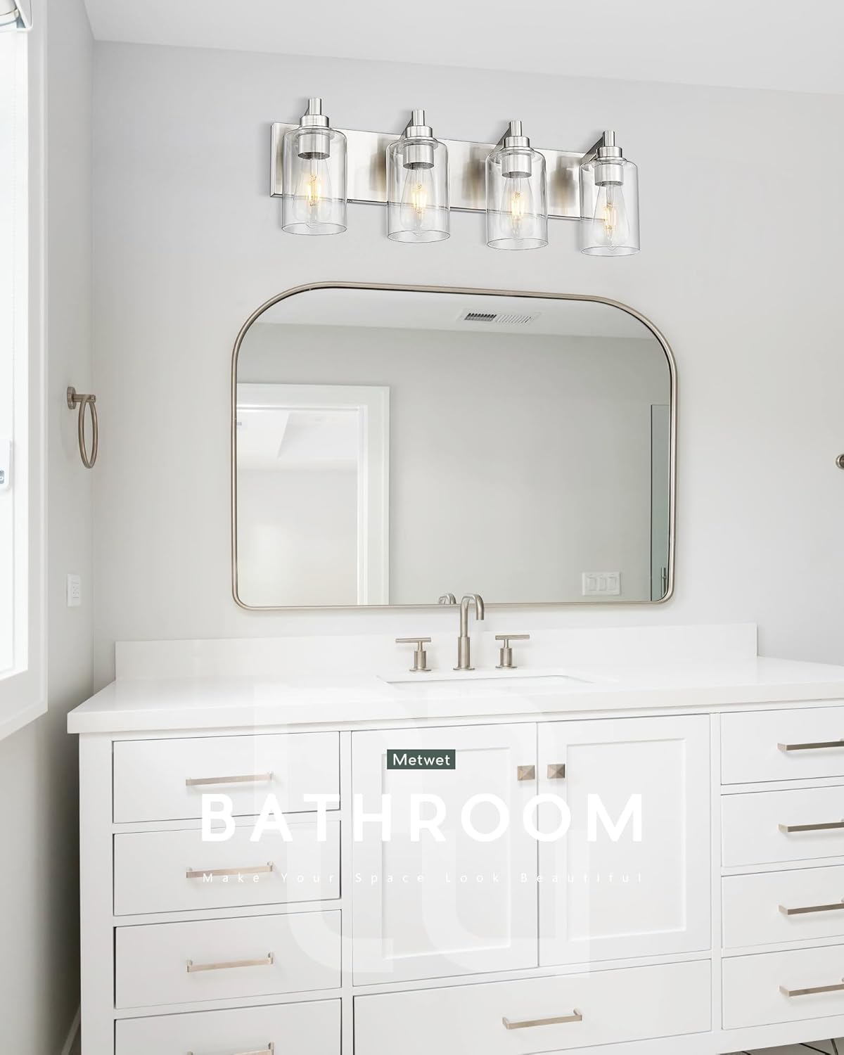 4-Light Bathroom Light Fixtures, Brushed Nickel Vanity Light with Cylinder Clear Glass Shade, Modern Vanity Lighting Fixtures Over Mirror, VL143-BN-4