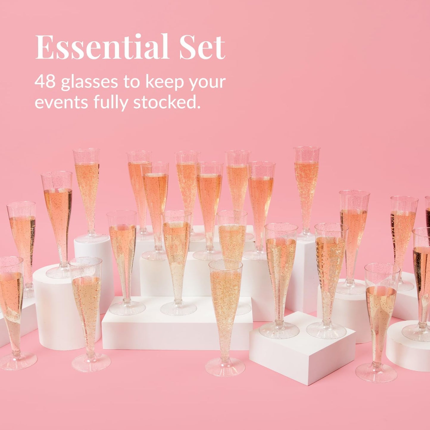 Prestee 48 Pack Champagne Flutes Plastic Disposable - Gold Glitter Flute Glasses for Champagne, Mimosa Bar, New Year's Eve 2025 Party Supplies, Wedding, Shower, Event - 4.5 oz Fairy Stemware