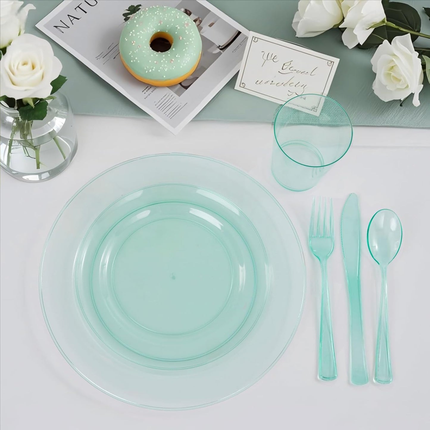 WDF 180 Pieces Green Plastic Silverware Disposable - Clear Green Cutlery Sets 60 Forks, 60 Knives and 60 Spoons - Heavy Duty Plastic Utensils for Party, Summner