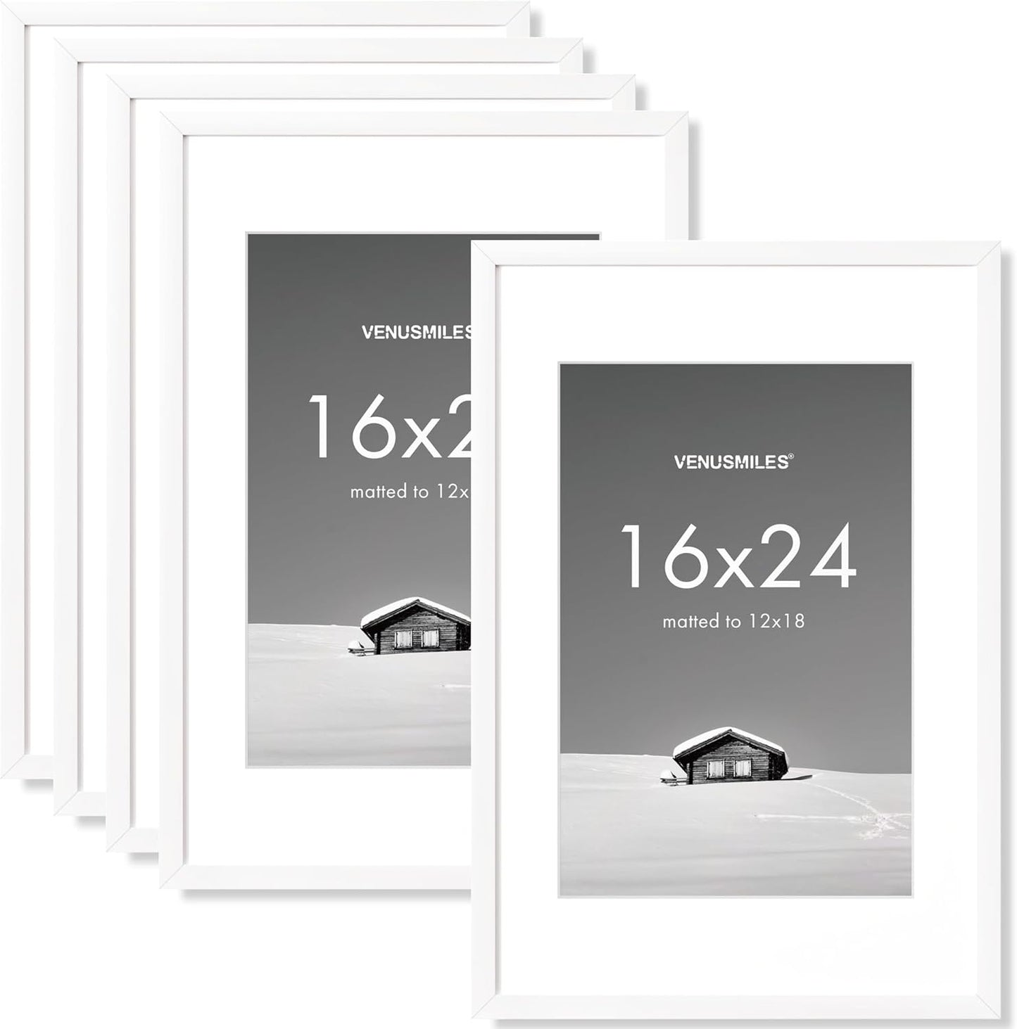 16x24 inch Picture Frame, 16x24 Photo Frames with 12x18 Removable Mat - High Definition Plexiglass - Vertical and Horizontal Display - Wall Hanging Poster Frame - White, 5 Pack