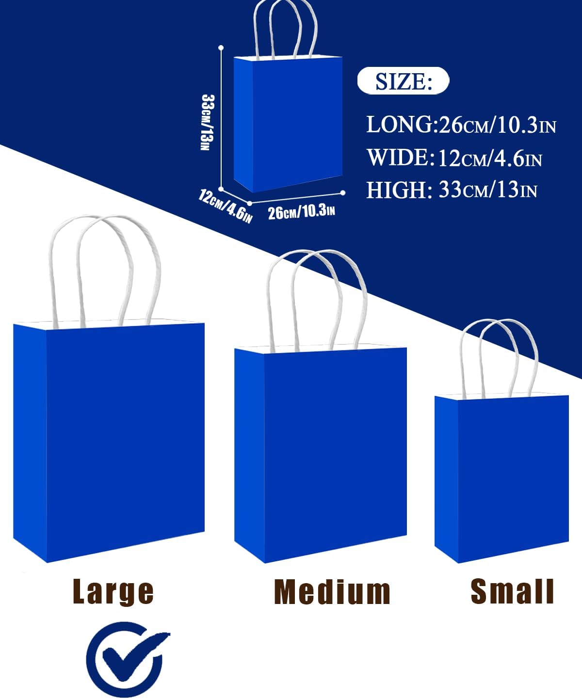 qiqee 100PCS Gift Bag with Handles Bulk Diamond Blue Paper Bags Multiple Uses (13''x5 x10 inch Large Size)