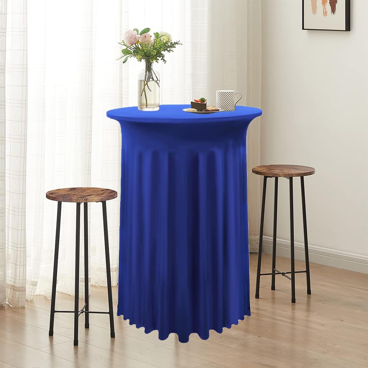 Albassa 4 Pack Cocktail Table Covers 32"x 43" Spandex Stretch Round Cocktail Tablecloths with Wavy Drapes Fitted High Top Bar Table Skirt for Wedding Party Banquet (Royal Blue, 4 PCS)