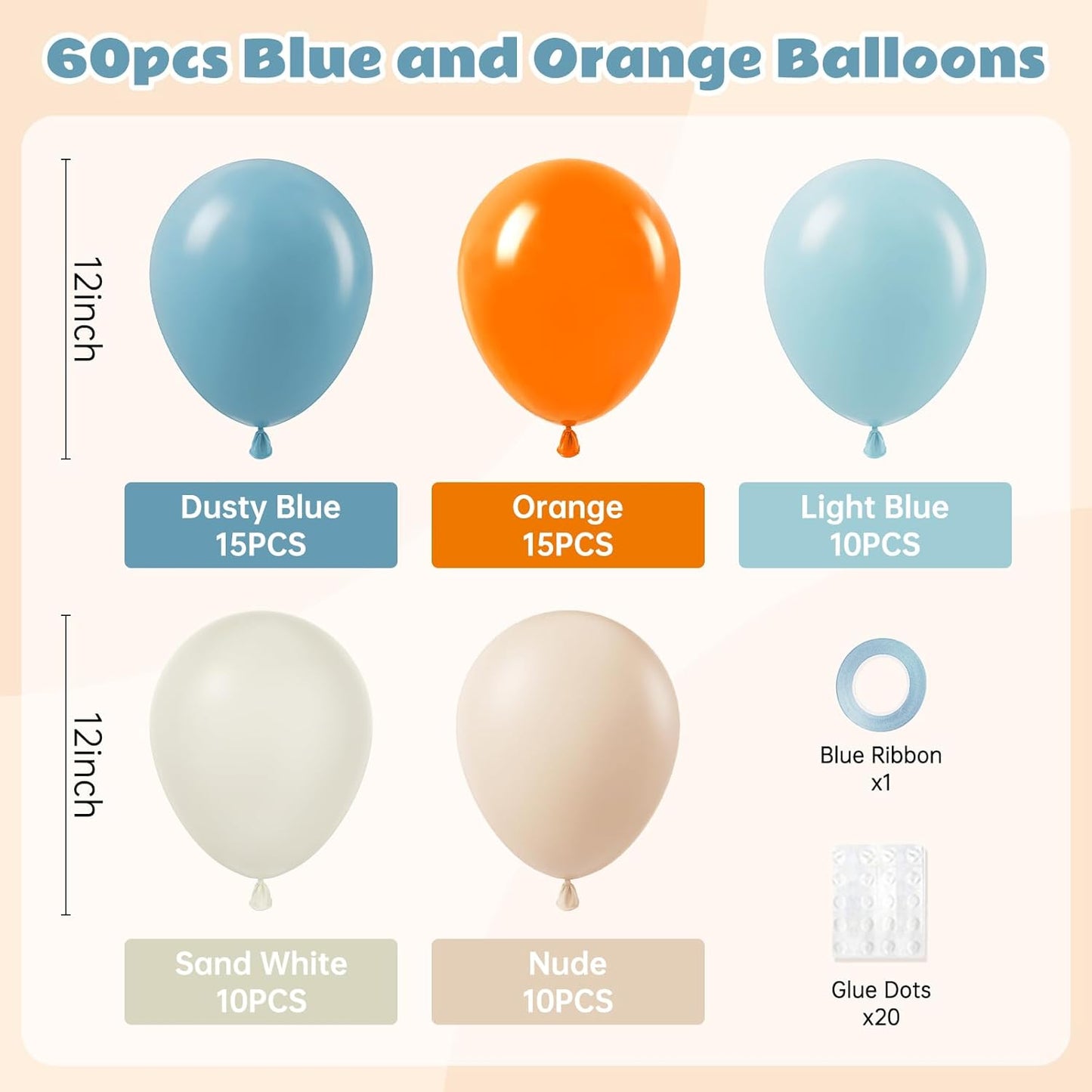 60pcs 12inch Blue and Orange Balloons, Dusty Blue Orange Sand White Nude Balloons with Ribbon for Baby Shower Birthday Party Decorations