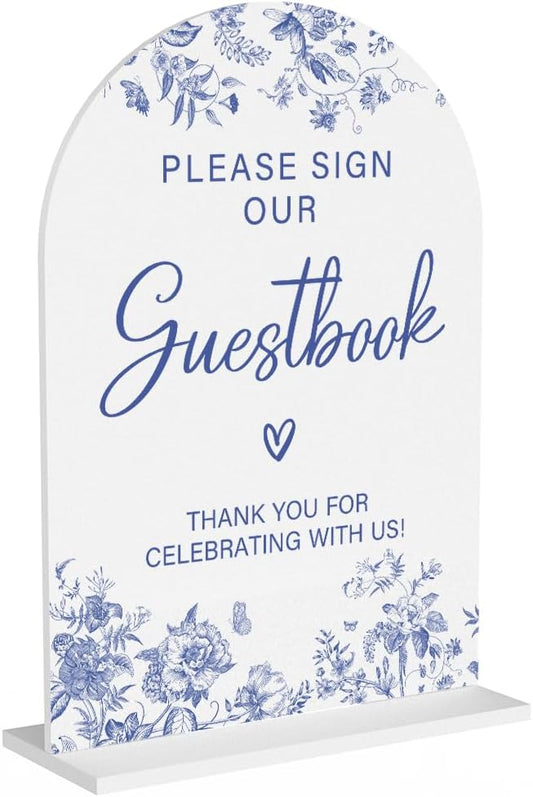 Acrylic Wedding Signs, Dusty Blue Wedding Decor, Blue Weddings Decor, Modern Calligraphy Arch Acrylic Table Top Sign for Weddings Parties Dinners - Please Sign Our Guestbook (White)