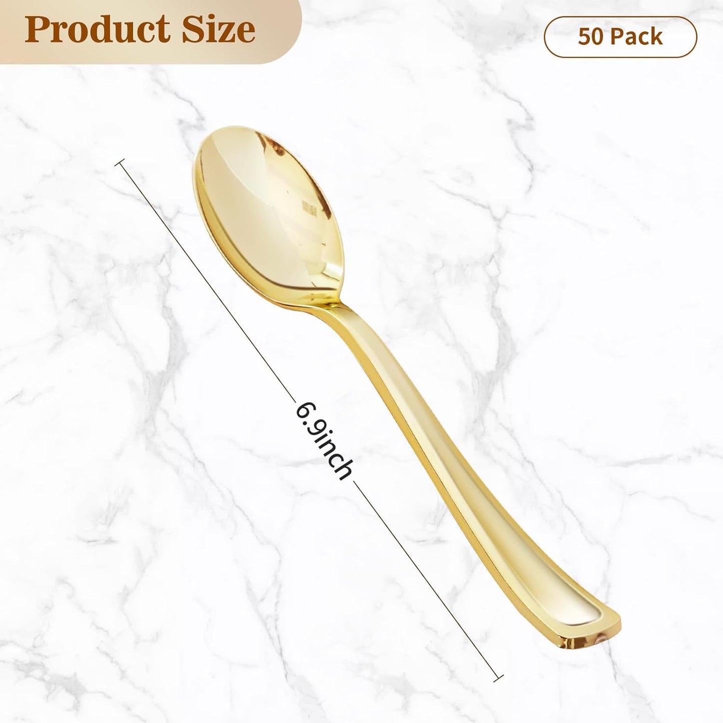 BESTVIP 50 Pack 6.9 Inch Gold Plastic Spoons, Heavy Duty Plastic Silverware, Heavyweight Gold Disposable Spoons, Disposable Serving Utensils for Catering, Parties, Dinners, Weddings, Christmas