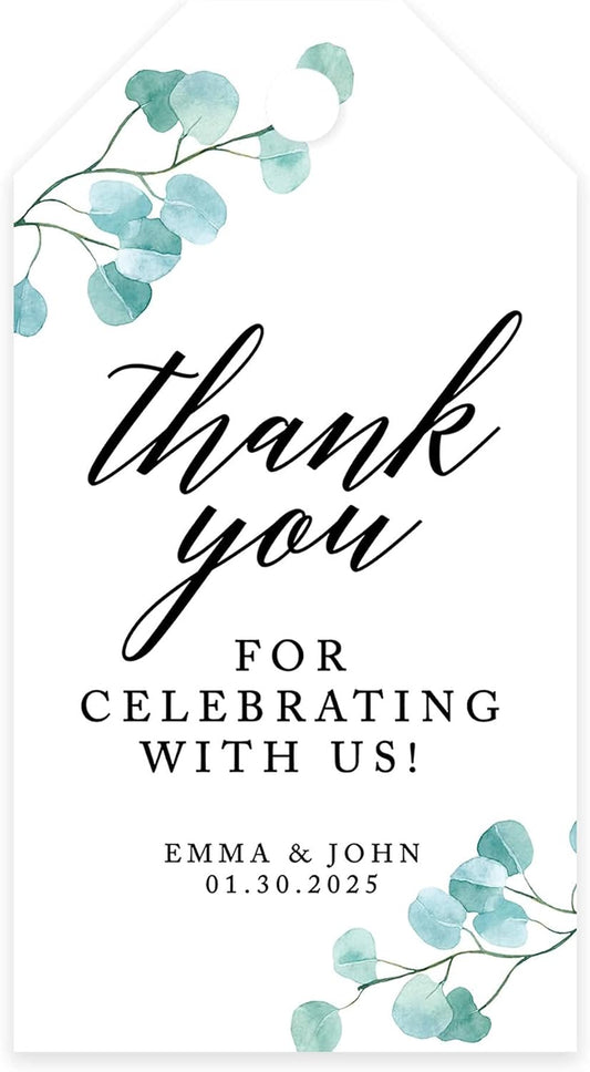 Andaz Press 100-Pack Personalized Thank You for Celebrating with Us Wedding Favor Tags with Bakers Twine Silver Dollar Eucalyptus Custom Cardstock Wedding Gift Tags for Party Favors 2 x 3.75-Inches