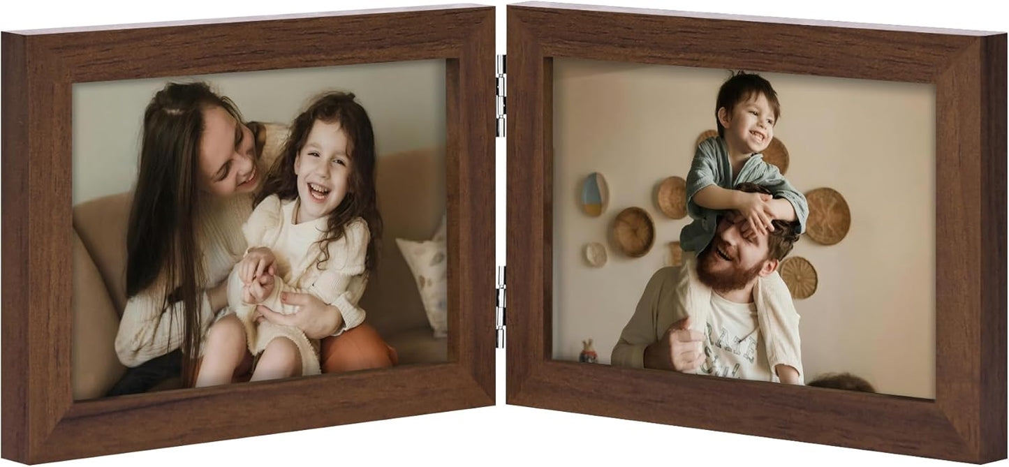 decorUhome Double 6x4 Picture Frame Horizontal, Engineered Wood Bifold Photo Frame with Plexiglass for Tabletop Display, 6x4, Brown