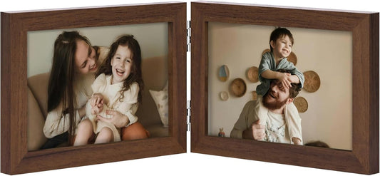 decorUhome Double 6x4 Picture Frame Horizontal, Engineered Wood Bifold Photo Frame with Plexiglass for Tabletop Display, 6x4, Brown