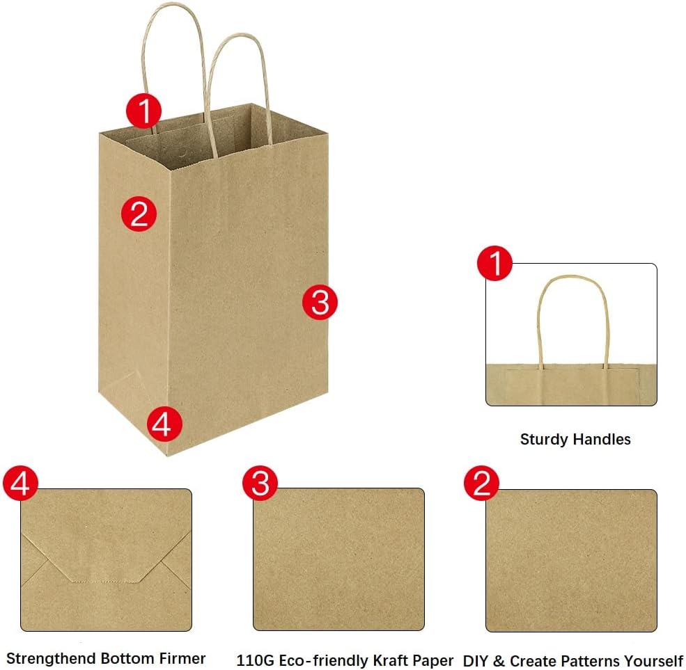Oikss 50 Pack 5.25x3.25x8.25 Inch Small Brown Gift Bags with Handles Bulk for Birthday Party Favors Grocery Retail Shopping Business Goody Kraft Craft Paper Bags Cub Sacks (Plain Natural 50 Count)