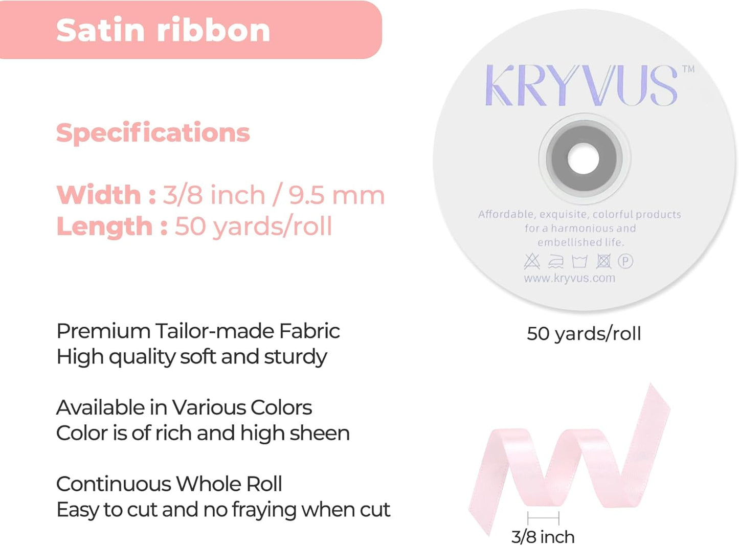 Baby Pink Satin Ribbon 3/8 inch X Continuous 50 Yards, Single Face Polyester Ribbon Perfect for Gift Wrapping, Flower Bouquet, Wedding Decor, Crafts, Bow Making, Sewing and More