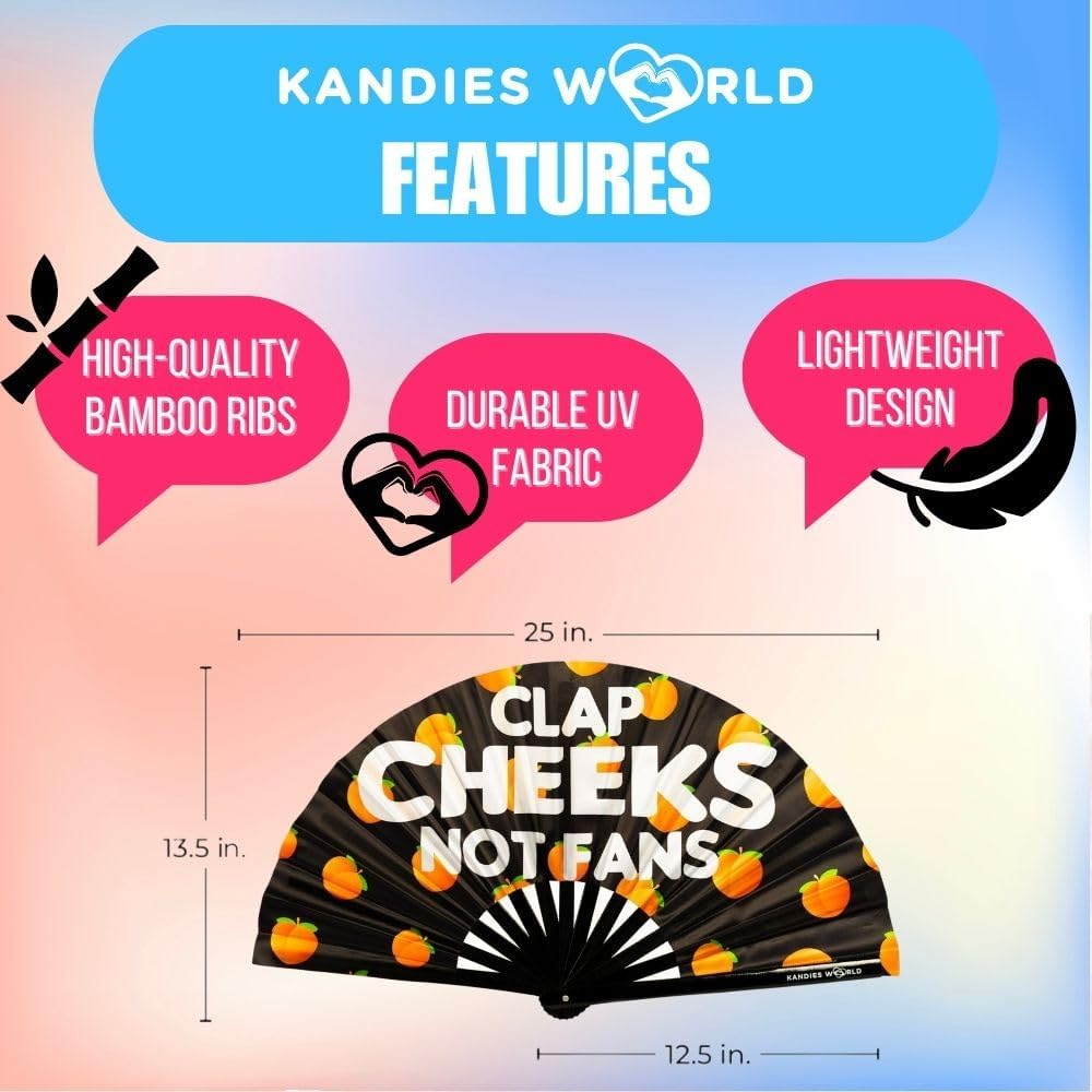 Kandies World UV Reactive Custom Festival Folding Hand Fan - Unique Designs, Bamboo, Clacking Sound, Lightweight - Perfect Rave and Festival Accessory! (Clap cheeks not fan)