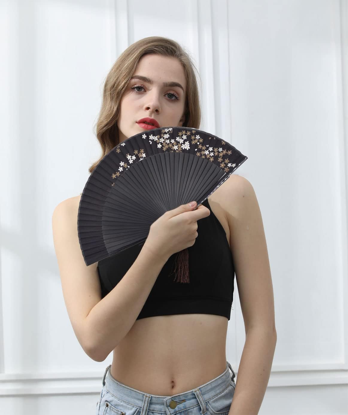 Amajiji Small Folding Hand Fan for Women, Chinese Japanese Vintage Style Bamboo Silk Fans for Party Wedding Dancing Decoration Gift Performance (AM-34)