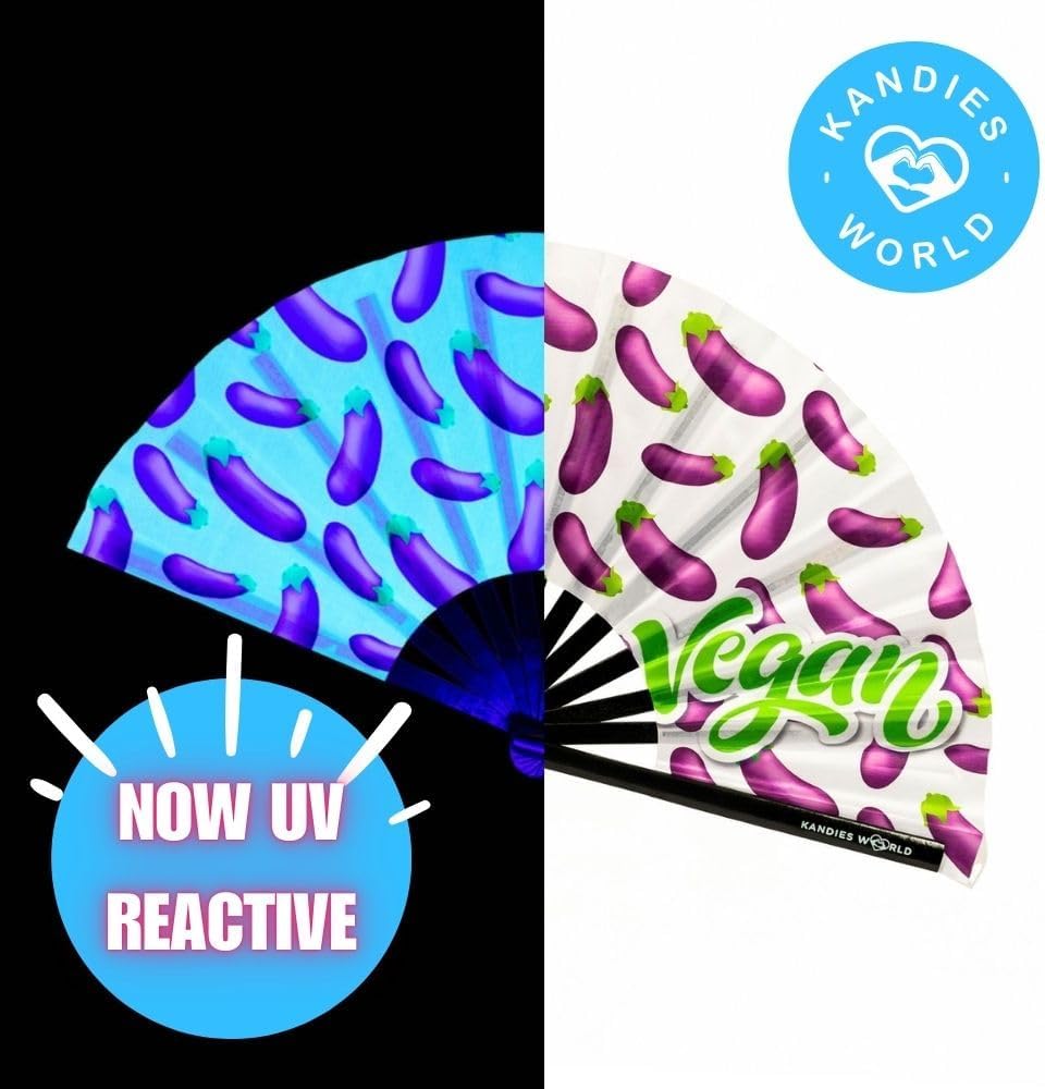 Kandies World UV Reactive Custom Festival Folding Hand Fan - Unique Designs, Made of Bamboo, Clacking Sound, Lightweight - Perfect Rave and Festival Accessory!