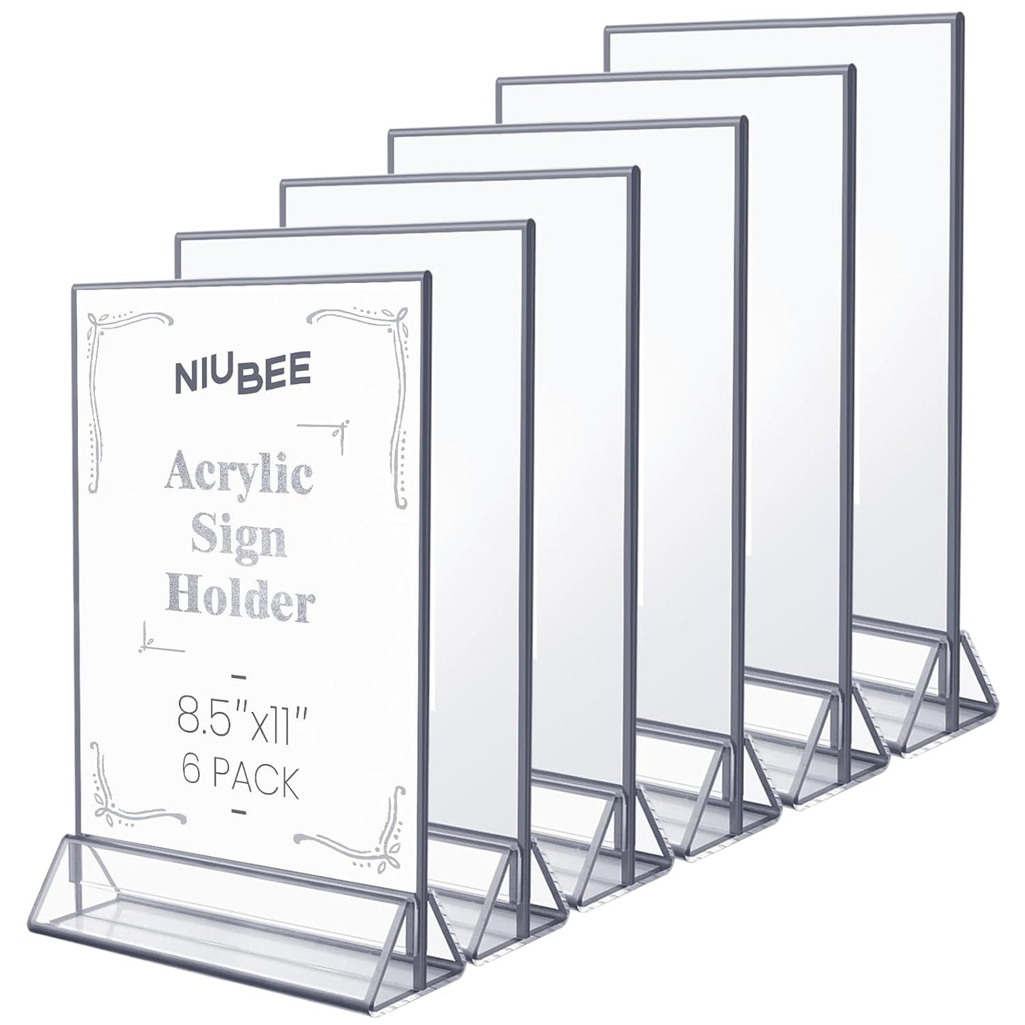 NIUBEE 6Pack 8.5x11 Clear Acrylic Sign Holder with Sliver Borders and Vertical Stand, Double Sided Table Menu Holders Picture Frames for Wedding Table Numbers, Photos