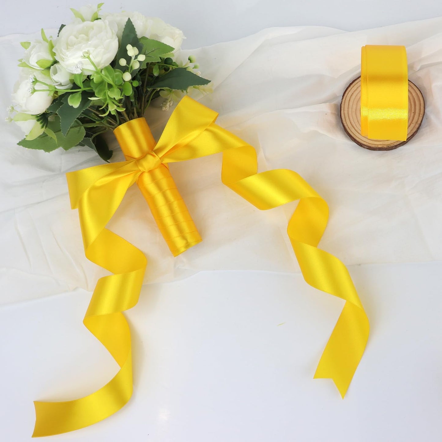 Yellow Solid Satin Ribbon 1-1/2 Inch 50 Yards Solid Polyester Fabric Ribbon for Gift Wrapping Wedding Christmas Baby Shower Birthday Party Decoration Handmade Immortal Flower Craft