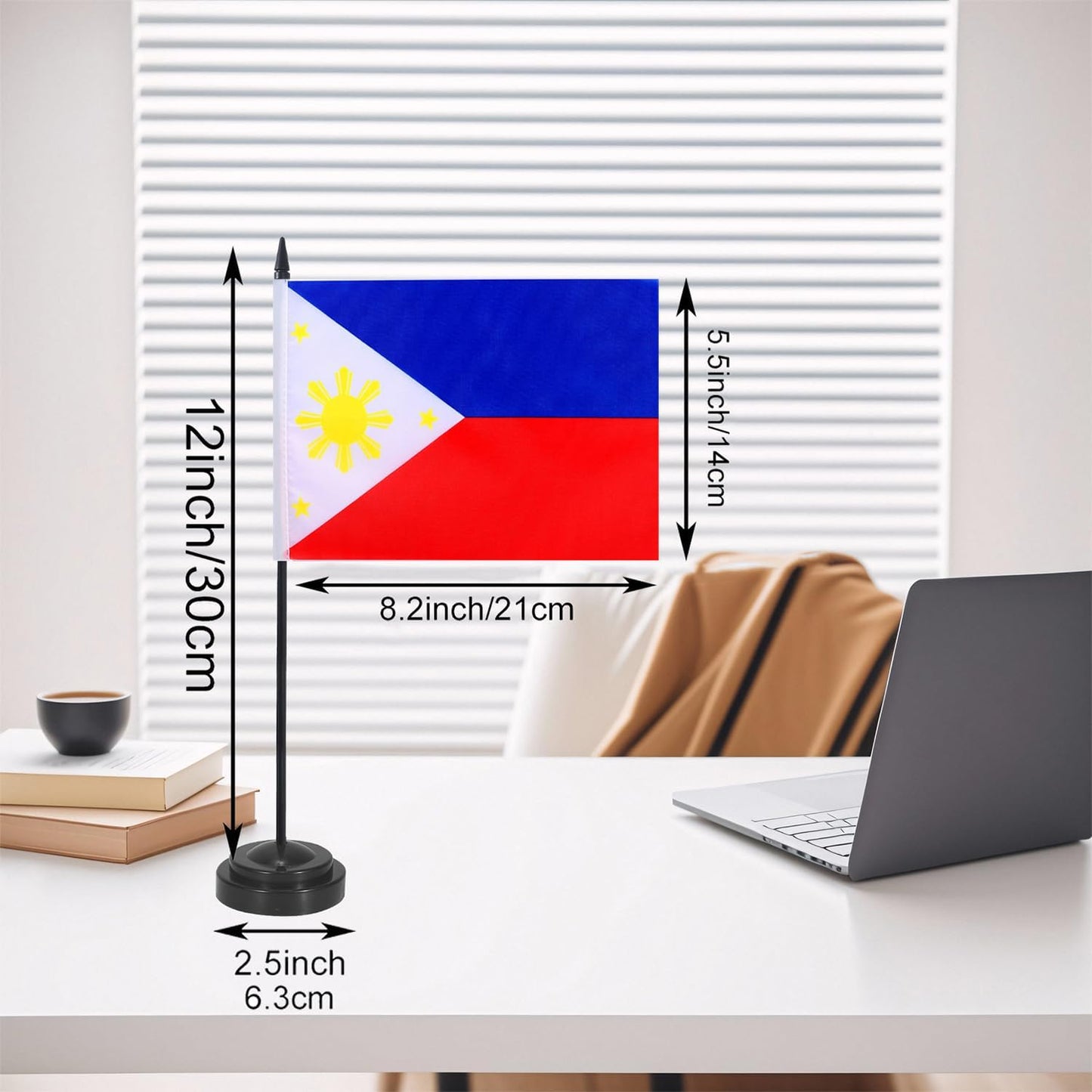 Philippines Desk Flag 12" Solid Pole Deluxe Set Filipino Flags Banner Mini Small Philippines Office Table Flags with Black Stand Base Desktop Decorations(2Pack)