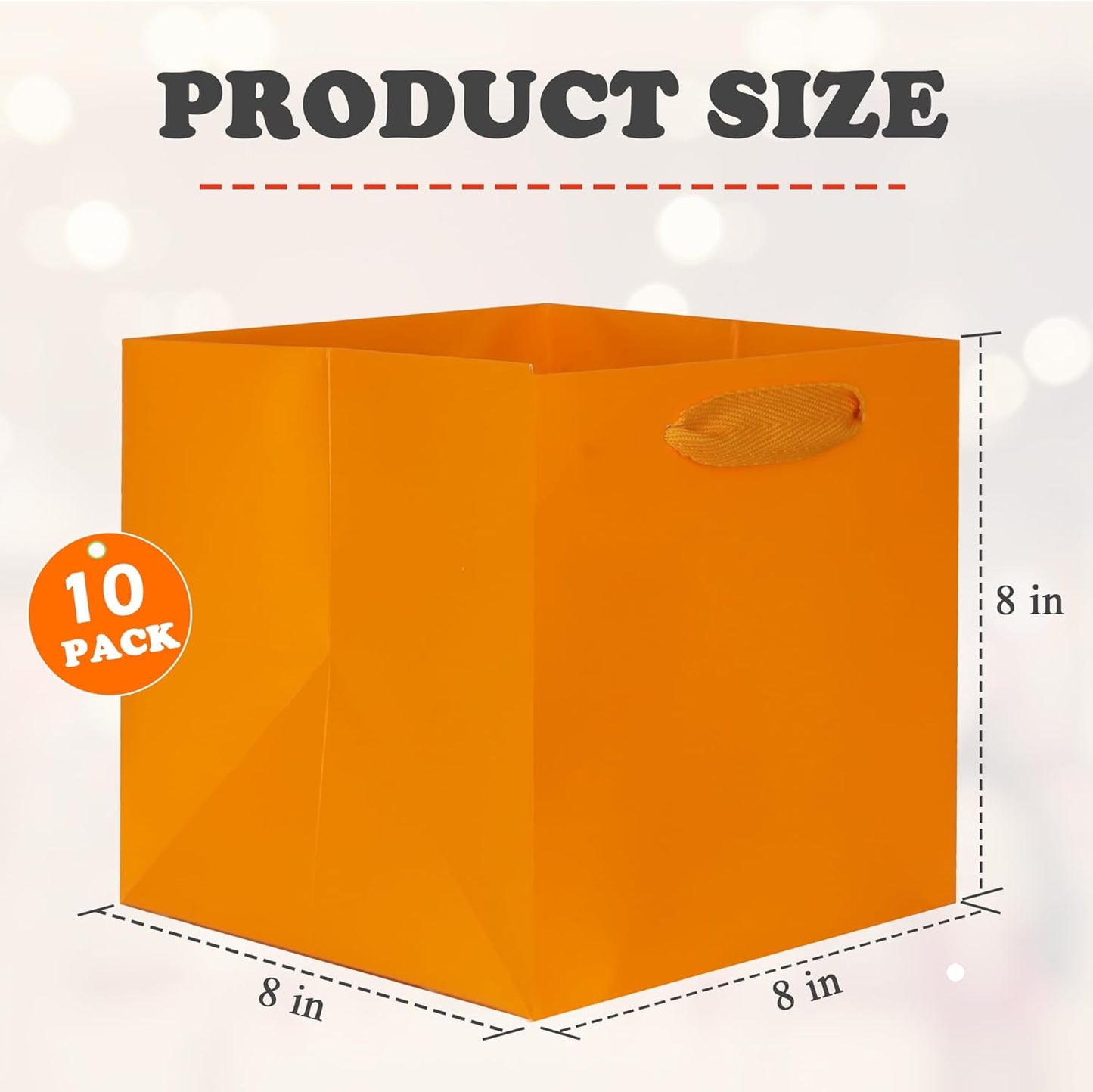 ADIDO EVA Orange Square Gift Bags Small Size Square Bottom Paper Bags with Handles for Party Favor, Shopping Bag (8x8x8 In, 10 CT)