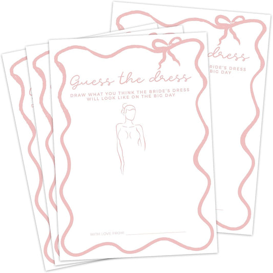 DEEKA 30 PCS Bridal Shower Games Card for 30 Guests White Pink Wavy Border Ribbon Bow Funny Wedding Bachelorette Party Games for Reception (Guess The Dress)