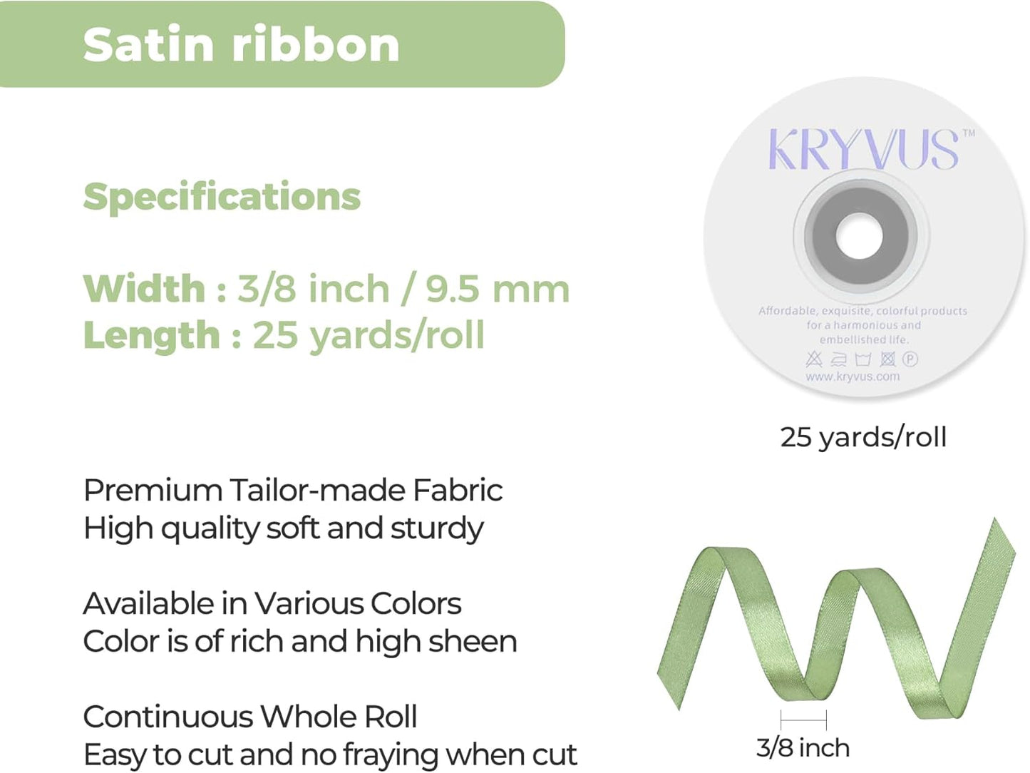 Sage Green Satin Ribbon 3/8 inch X Continuous 25 Yards, Single Face Polyester Ribbon Perfect for Gift Wrapping, Flower Bouquet, Wedding Decor, Crafts, Bow Making, Sewing and More