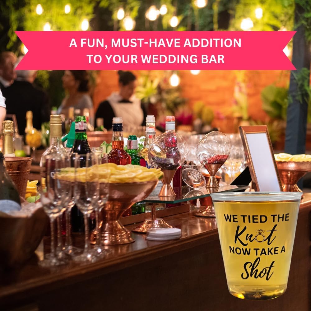 Disposable Plastic Wedding Shot Glasses, 200 Pack, 'We Tied the Knot Now Take a Shot' with Ring Design, Perfect for Weddings, Bridal Showers, Engagement Parties