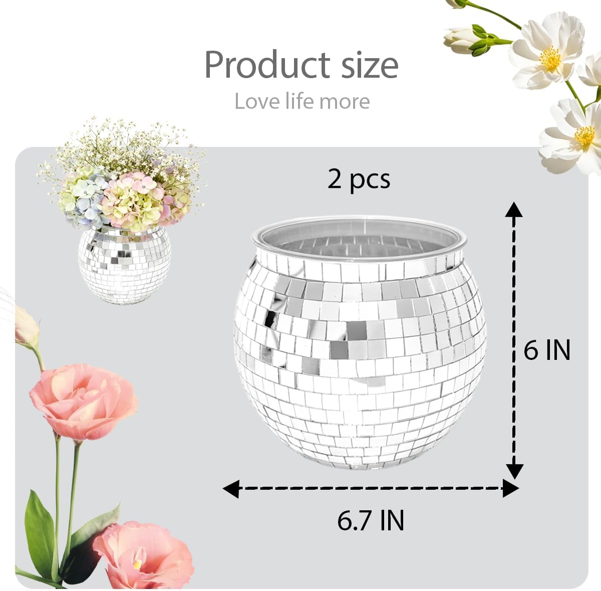 2 Pcs Disco Ball Vases,6" X 6.7" Disco Ball Centerpieces Decor,Silver Mirror Plastic Vase Disco Ball Planter for Wedding,Birthday,Office Table Decorations