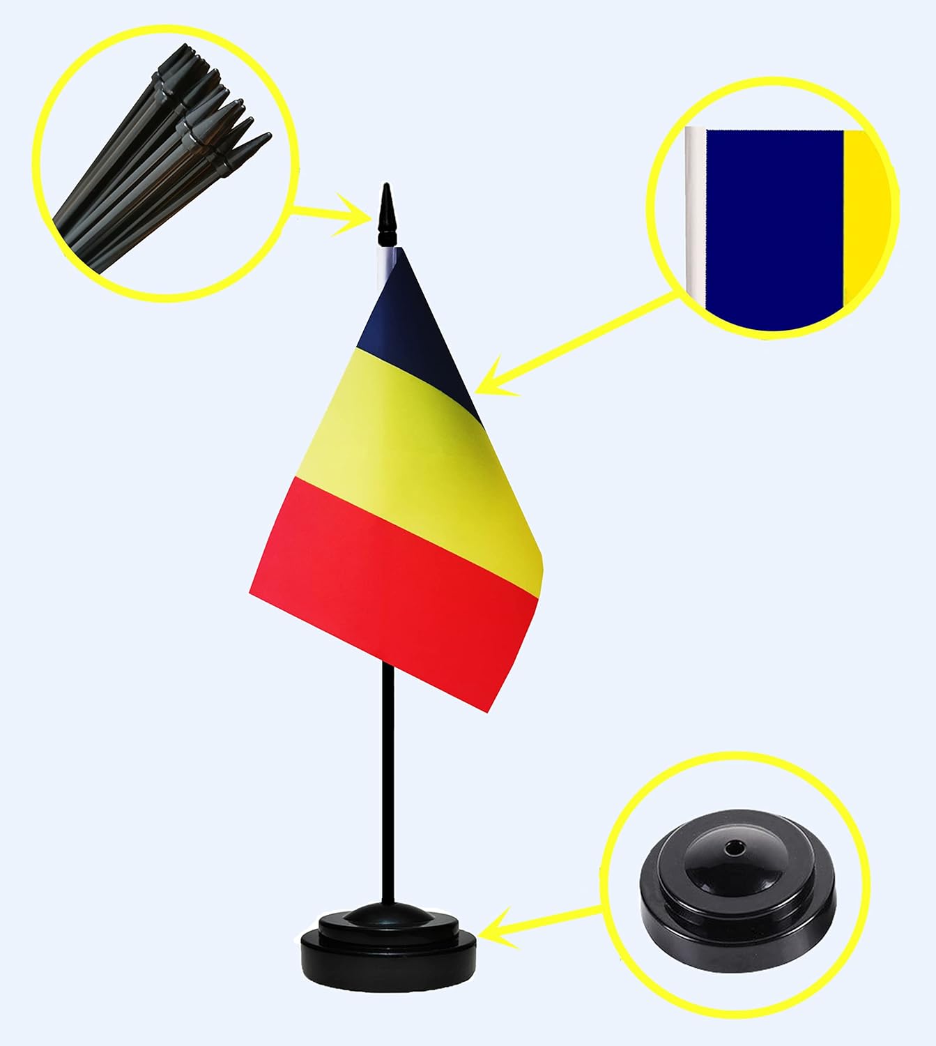 Romania Romanian Deluxe Desk Flag Set Small Mini Miniature Romania Romanian Table Desktop Flags With Solid Pole, Black Base and Spear Top(2 Pack)