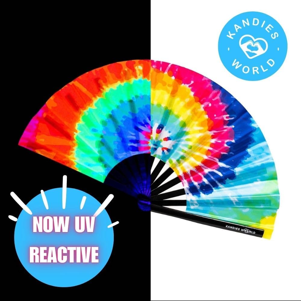 Kandies World UV Reactive Custom Festival Folding Hand Fan - Unique Designs, Made of Bamboo, Clacking Sound, Lightweight - Perfect Rave and Festival Accessory!