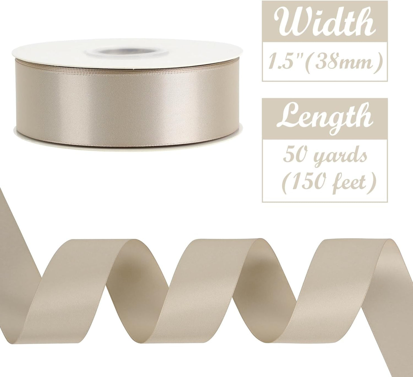 HUIHUANG Tapue Satin Ribbon 1-1/2 inch x 50 Yards Stone Color Double-Faced Satin Ribbon for Bows, Flower Bouquet, Gift Wrapping, DIY Crafts, Holiday Decor, Christmas Wedding Party Decor