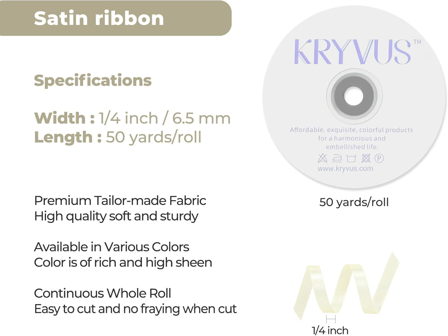 Beige Satin Ribbon 1/4 inch X Continuous 50 Yards, Single Face Polyester Ribbon Perfect for Gift Wrapping, Flower Bouquet, Wedding Decor, Crafts, Bow Making, Sewing and More