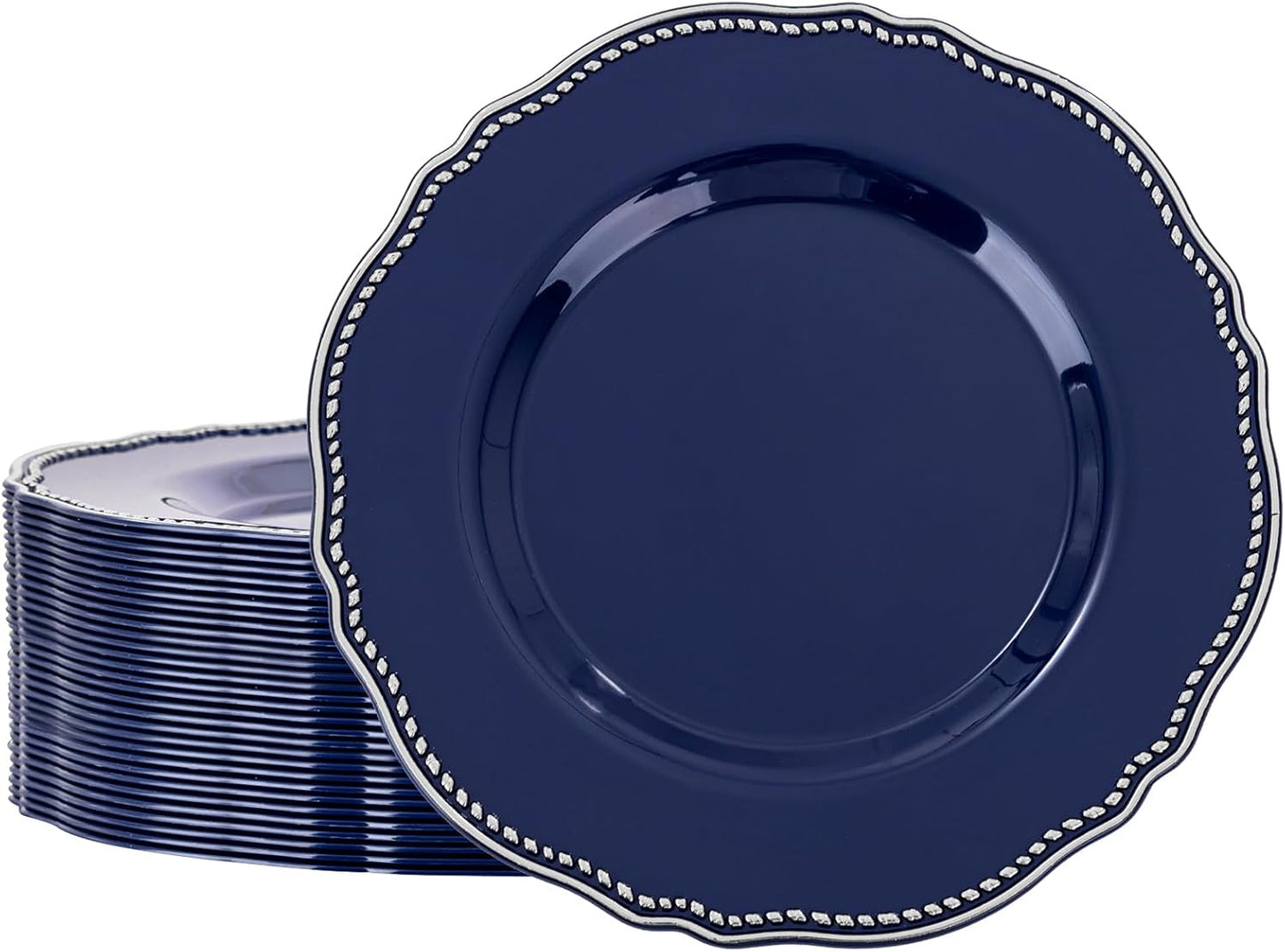 Hioasis 60pcs Blue Plastic Plates - Blue and Silver Disposable Dinnerware with Gold Rim, Heavy-duty, 10.25 inch, Dinner Plates for Party & Wedding