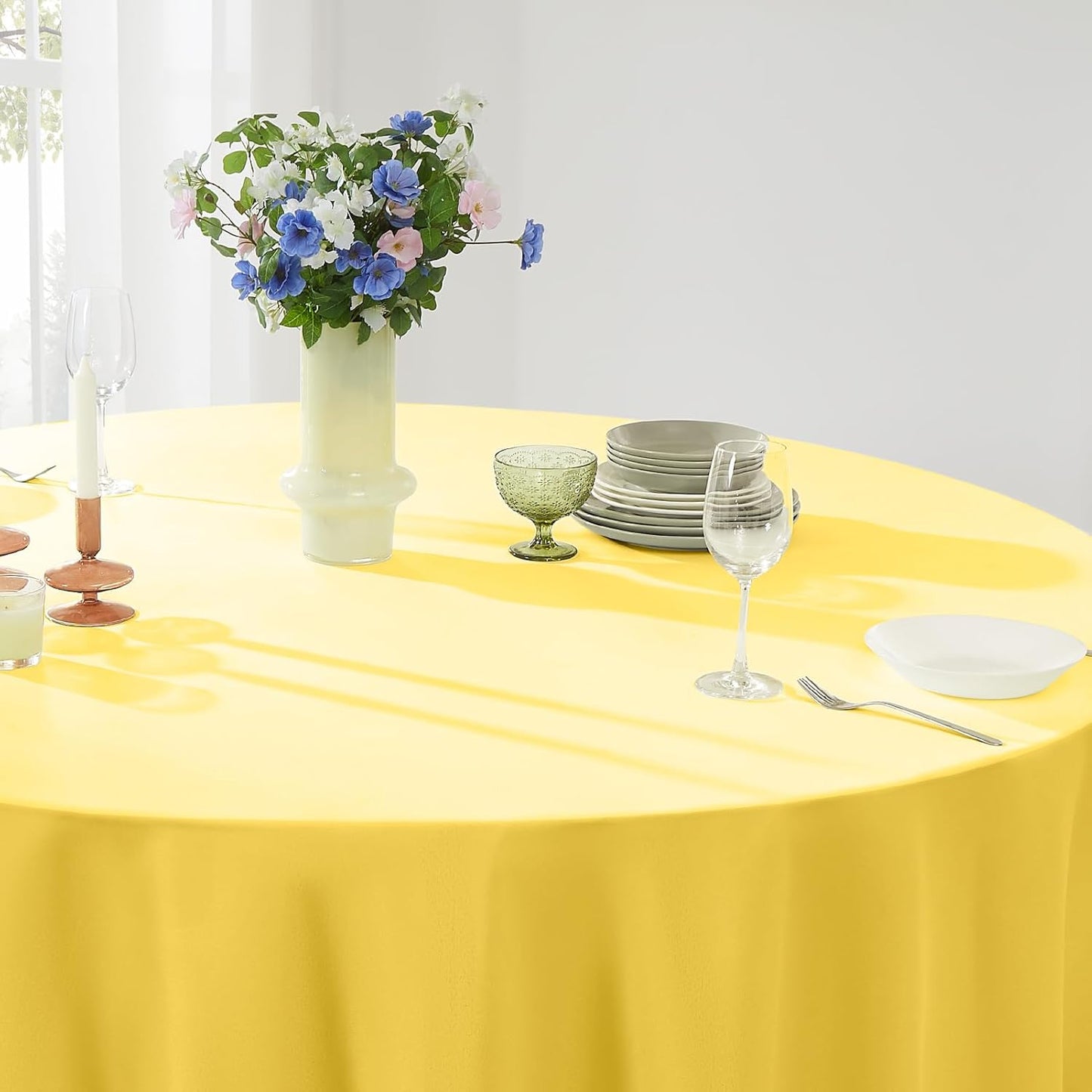 Round Tablecloth 132 Inch 6 Pack Yellow Tablecloths Washable Decorative Linen Polyester Table Clothes Cover for Dining Table Banquets Buffet Parties and Wedding